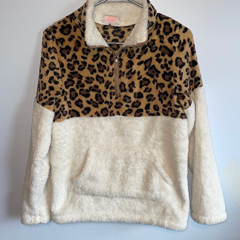 C+D+M Leopard Color Block Sherpa Quarter Zip Pullover Small